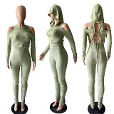 Casual Solid Color Hoodie Fall 2 Piece Set Women Open Back Bodycon Two Piece Pants Set