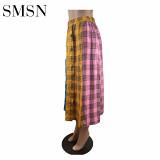 Summer women plaid element-slit long skirt