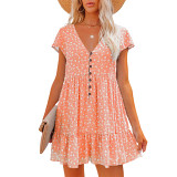 Summer V-neck buttons small floral short sleeve casual dress women plus size dress