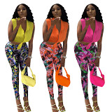 Summer Women's solid color sleeveless shirt and printed trouser suit two piece pants set