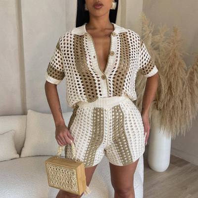 Women'S Hollowed Out Lapel Knitted Shorts Set