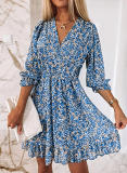 Pullover print short puff sleeve high waist floral plus size casual dress