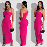 Women's one-shoulder floral stitching solidcolor bodycon maxi long dress