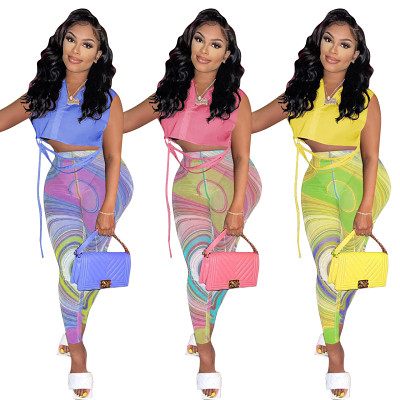 Summer Women's solid color sleeveless shirt mesh printed suit two piece pants set