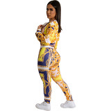 2 Piece Set Women casual pattern positioning printing loose zip coat trousers two piece set