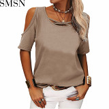 Casual solid color off shoulder loose short sleeve t-shirt women