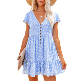 Summer V-neck buttons small floral short sleeve casual dress women plus size dress