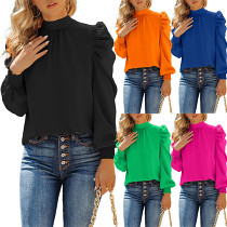Solid Color Long Standing Neck Bubble Sleeve Top