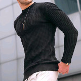 Autumn waffle men trendy round neck pullover loose knitted long sleeves cotton T shirt top men
