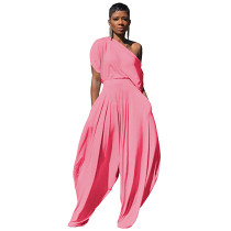 Women'S Solid Color Casual Cotton Sloping Shoulder Top Harem Pants Two Piece Set