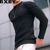 Autumn waffle men trendy round neck pullover loose knitted long sleeves cotton T shirt top men