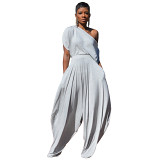 Women'S Solid Color Casual Cotton Sloping Shoulder Top Harem Pants Two Piece Set