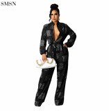 Long Sleeve Letter Printed One Piece Loose Jumpsuit With Belt Button For Women Sexy