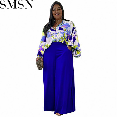 2 Piece outfits loose large size casual printed shirt top wide leg pants two piece set