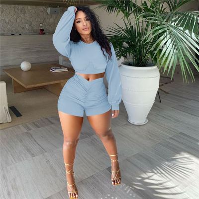 Solid Color Crop Top And Draped Shorts 2 Piece Women Set Summer Casual Two Piece Sets