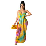 Casual Summer Spaghetti Strap Dress Boho Print Long Loose African Tie Dye Stripe Women Maxi Dresses