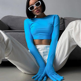 Solid Color Slim-Fit Round Neck Long-Sleeved Gloves T-Shirt Top