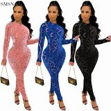 Sexy Tulle Patchwork Woman Bodycon Jumpsuits O Neck Zippers One Piece Jumpsuits