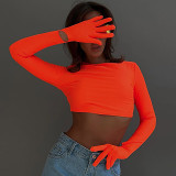 Solid Color Slim-Fit Round Neck Long-Sleeved Gloves T-Shirt Top