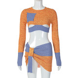 Fashion Knit Long Sleeve Crop Top Slim Skirt Set