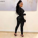 Sexy Tulle Patchwork Woman Bodycon Jumpsuits O Neck Zippers One Piece Jumpsuits
