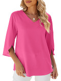 Summer solid color V neck mid sleeve chiffon top women blouse