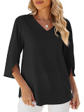 Summer solid color V neck mid sleeve chiffon top women blouse