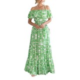 Women's off shoulder short sleeve printed maxi dress with ruffled edges