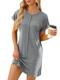 Summer solid color round neck short sleeve loose casual women's dress
