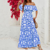 Women's off shoulder short sleeve printed maxi dress with ruffled edges