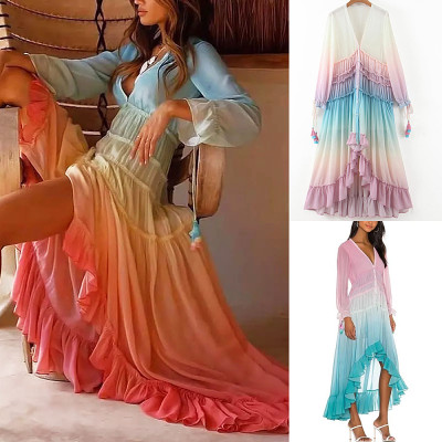 Deep V long sleeve gradient print swing women casual maxi dress