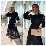 Spring French lace stand collar bubble sleeve waist slimming dress