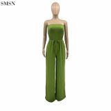 Wrapped Chest Sleeveless Bodycon Strapless Wide Leg Pleated Jumpsuit For Women