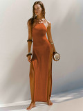 Side open slit halter knitted dress beach holiday vacation dress