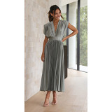 Summer sexy pleated casual loose V neck sleeveless ruched long dress with zipper