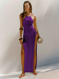Side open slit halter knitted dress beach holiday vacation dress