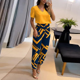 Casual V neck short sleeve top long pants women 2 piece outfit set