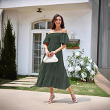 Square neck backless puffy sleeve pleated short sleeve dress
