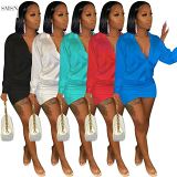 Long Sleeve V-Neck Elegant Casual Dress Solid Color Ruched Women Lady Short Mini Shirt Dress