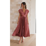 Summer sexy pleated casual loose V neck sleeveless ruched long dress with zipper