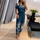 Casual V neck short sleeve top long pants women 2 piece outfit set