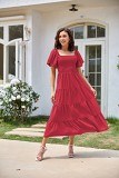 Square neck backless puffy sleeve pleated short sleeve dress