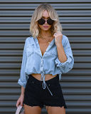 Denim shirt women crop top pocket loose summer casual jean shirt top