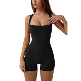 Summer ribbed square collar slim casual sports short jumpsuit