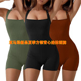 Summer ribbed square collar slim casual sports short jumpsuit