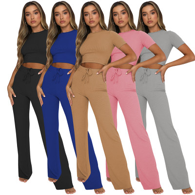 Ribbed short sleeve drawstring casual pants 2 piece outfits for women