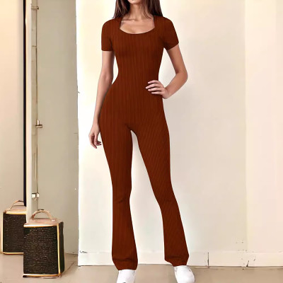 Short sleeve ribbed casual flare pants women one piece jumpsuit