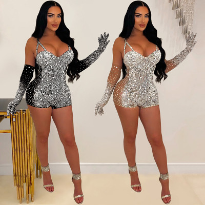 Solid color mesh rhinestone see through shorts jumpsuit sexy night club party