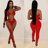 Sexy sequin strapless mesh night club party bodycon women jumpsuit