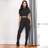 Round Neck Short Sleeve Ribbed Pleated Slit Drawstring Casual Two Piece Set